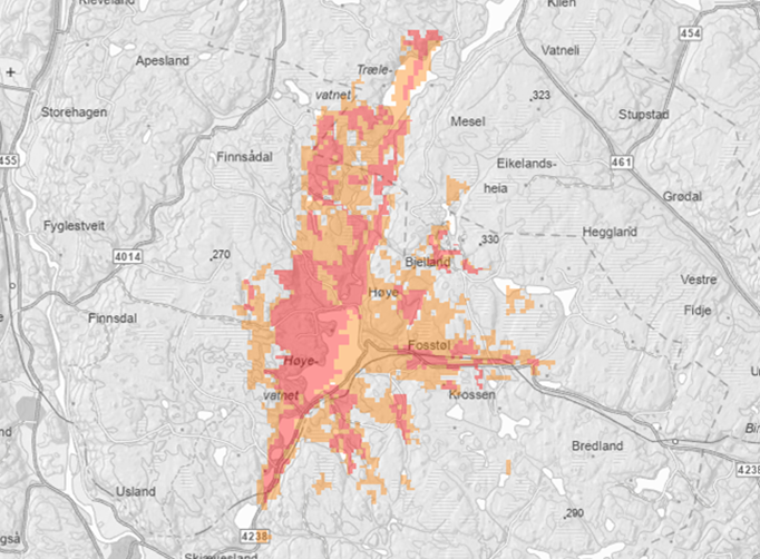 Kartutsnit over berørte områder. Oppgradering av mobilnettet til 5G desember 2025 - Klikk for stort bilde